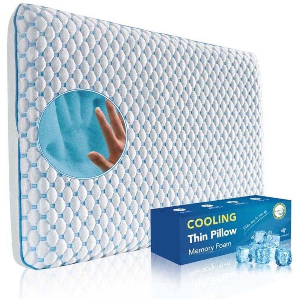 Thin Flat Pillow 1.75" Ultra Slim Cooling Memory Foam Pillow Standard